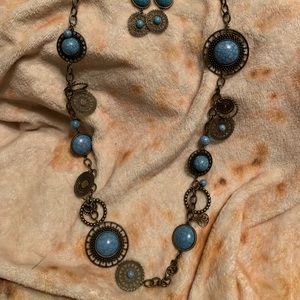Chicos Boho Style faux turquoise and Brass earrings and necklace set